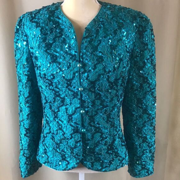 VTG Nah Nah Collection Lace Emerald Sequins Women Blazer Sz 12 Made In USA - Picture 2 of 16